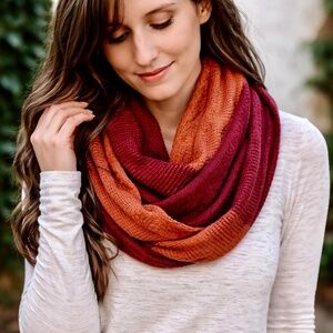 Rust Orange Burgundy Textured Knit Infinity‎ Scarf Fringe Detail